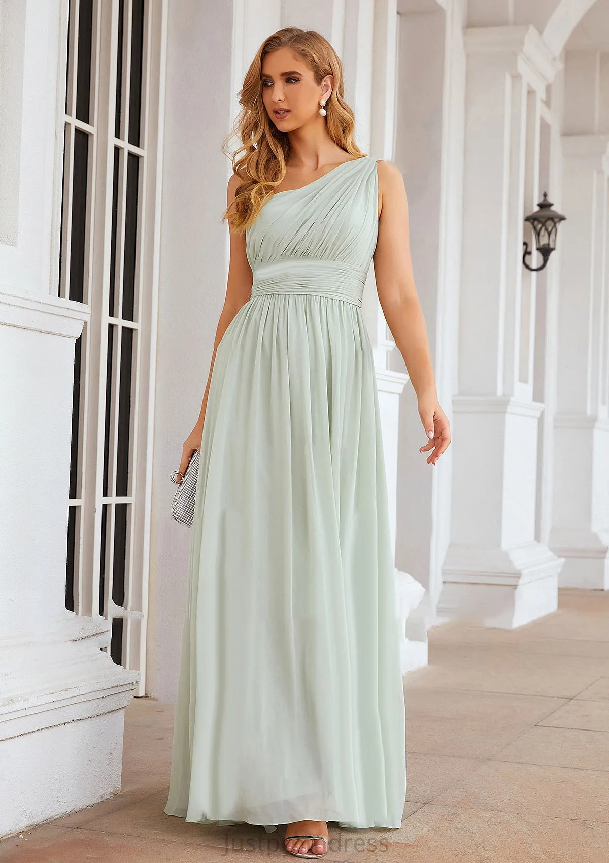 A-line One-Shoulder Sleeveless Chiffon Long/Floor-Length Bridesmaid Dresses With Pleated Brenda HHP0025382