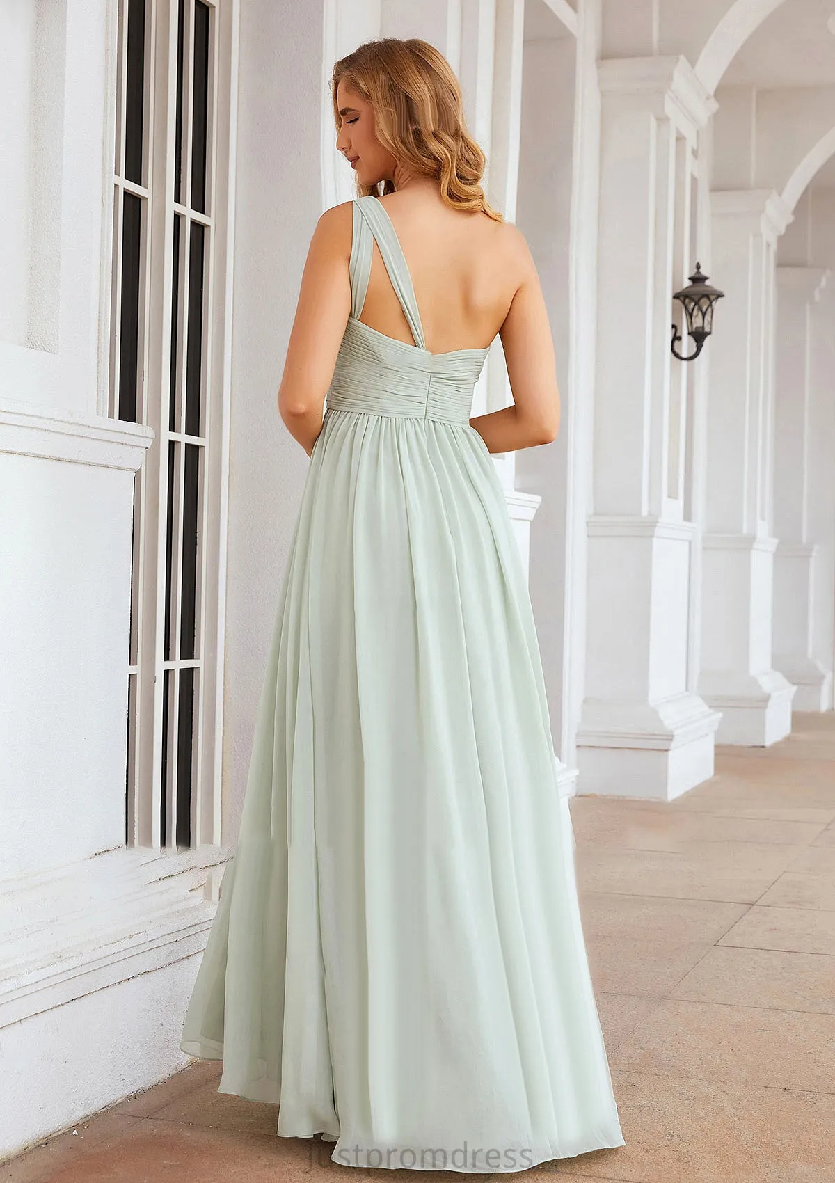 A-line One-Shoulder Sleeveless Chiffon Long/Floor-Length Bridesmaid Dresses With Pleated Brenda HHP0025382
