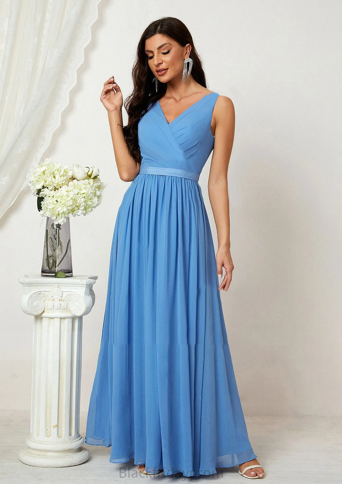 A-line V Neck Sleeveless Chiffon Long/Floor-Length Bridesmaid Dresses With Pleated Celeste BF2P0025360