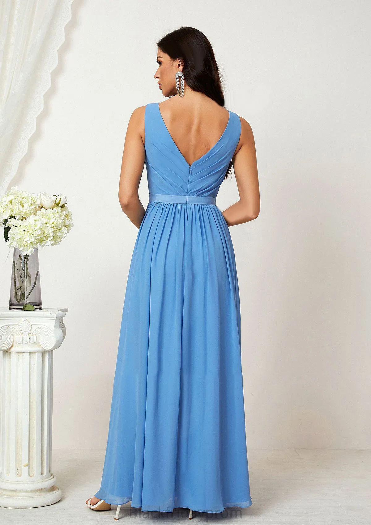 A-line V Neck Sleeveless Chiffon Long/Floor-Length Bridesmaid Dresses With Pleated Celeste BF2P0025360