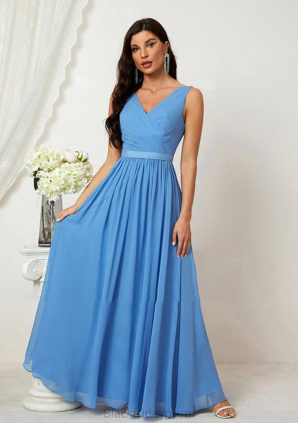 A-line V Neck Sleeveless Chiffon Long/Floor-Length Bridesmaid Dresses With Pleated Celeste BF2P0025360