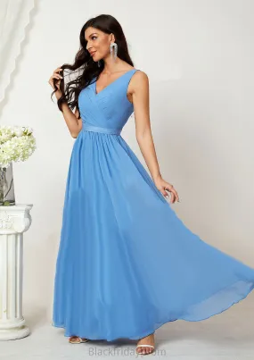 A-line V Neck Sleeveless Chiffon Long/Floor-Length Bridesmaid Dresses With Pleated Celeste BF2P0025360