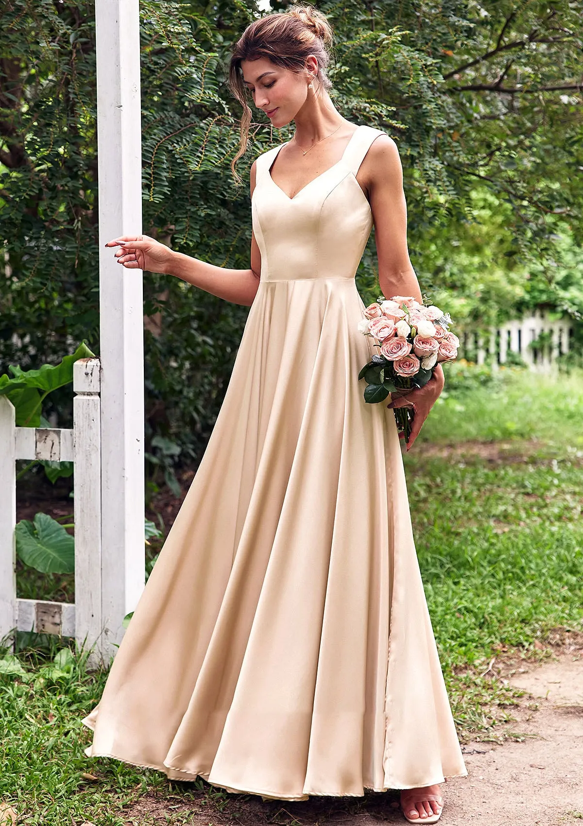 A-line V Neck Sleeveless Floor-Length Stretch Satin Bridesmaid Dresses with Pleated Alma BF2P0025266