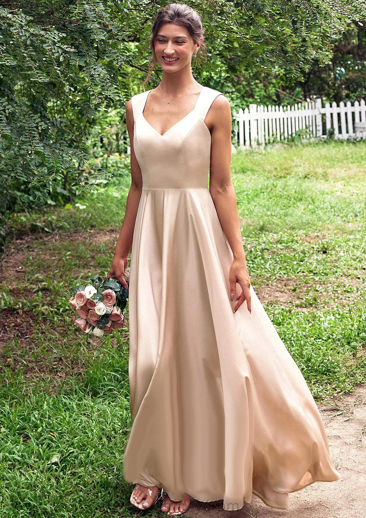 A-line V Neck Sleeveless Floor-Length Stretch Satin Bridesmaid Dresses with Pleated Alma BF2P0025266