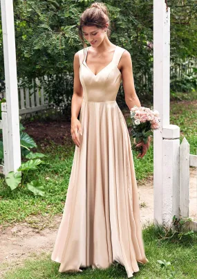 A-line V Neck Sleeveless Floor-Length Stretch Satin Bridesmaid Dresses with Pleated Alma BF2P0025266