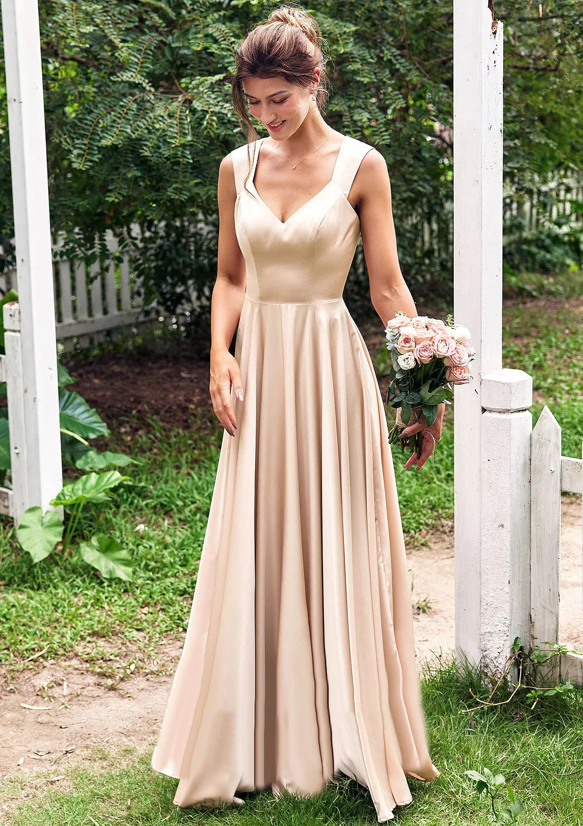 A-line V Neck Sleeveless Floor-Length Stretch Satin Bridesmaid Dresses with Pleated Alma BF2P0025266