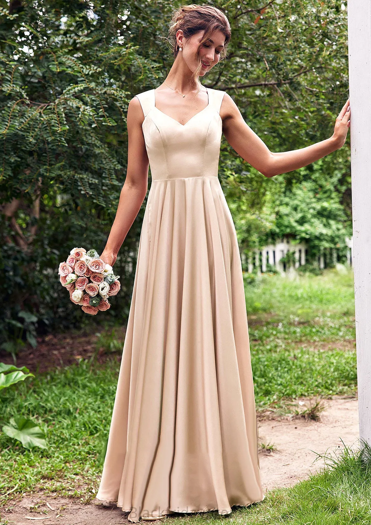 A-line V Neck Sleeveless Floor-Length Stretch Satin Bridesmaid Dresses with Pleated Alma BF2P0025266