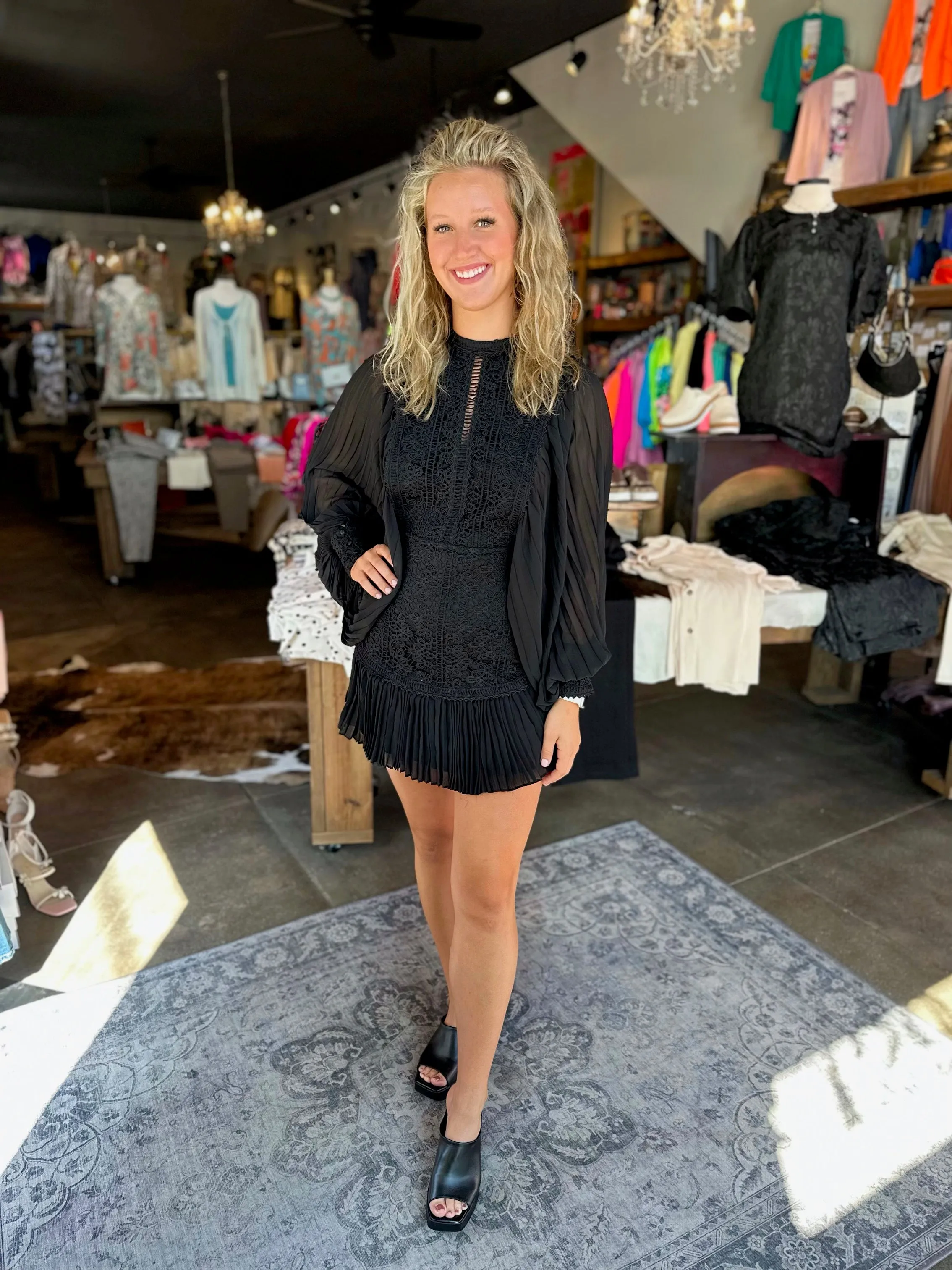 Allover Lace Pleated Black Dress