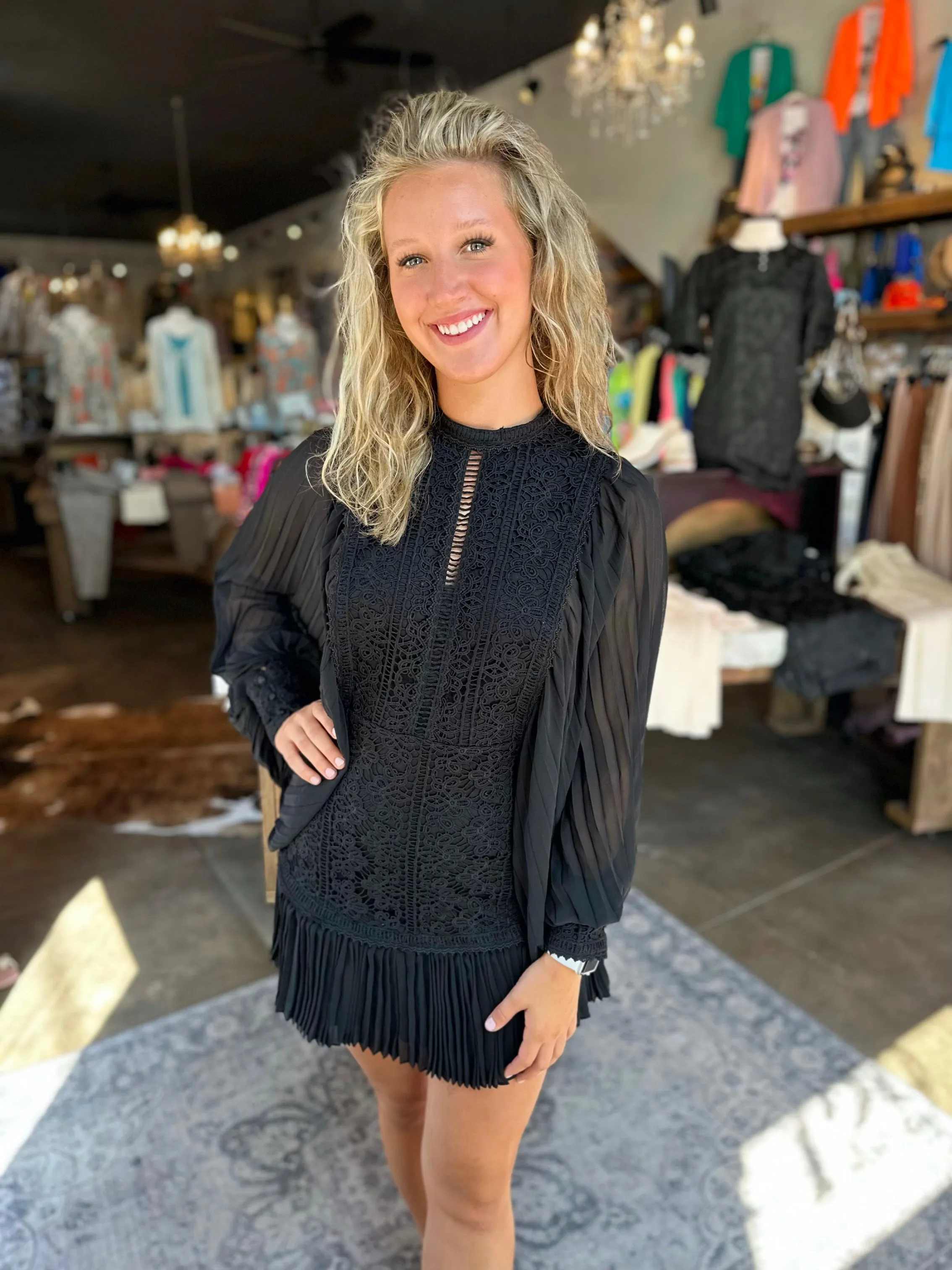Allover Lace Pleated Black Dress