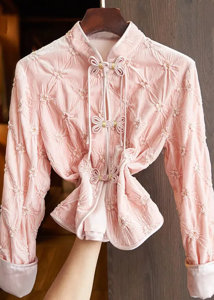 Art Apricot Stand Collar Floral Button Silk Velour Tops Fall ML1426