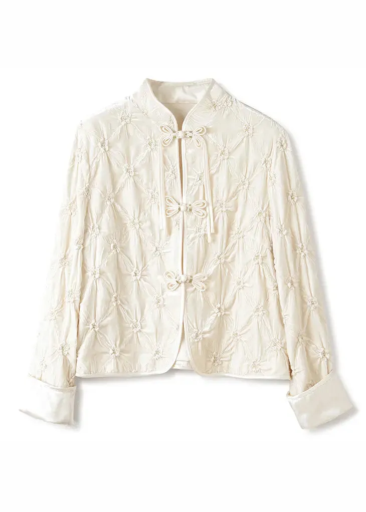 Art Apricot Stand Collar Floral Button Silk Velour Tops Fall ML1426