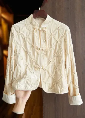 Art Apricot Stand Collar Floral Button Silk Velour Tops Fall ML1426