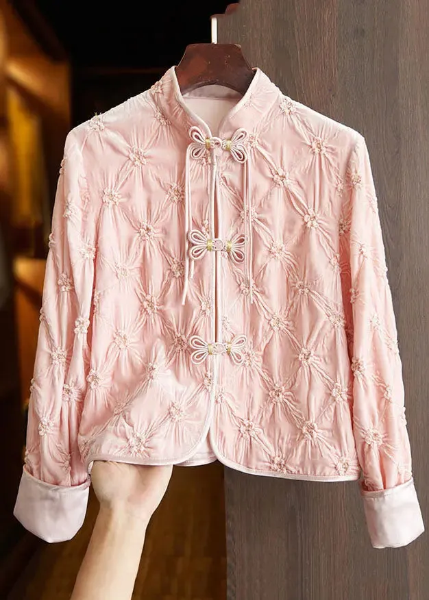 Art Apricot Stand Collar Floral Button Silk Velour Tops Fall ML1426