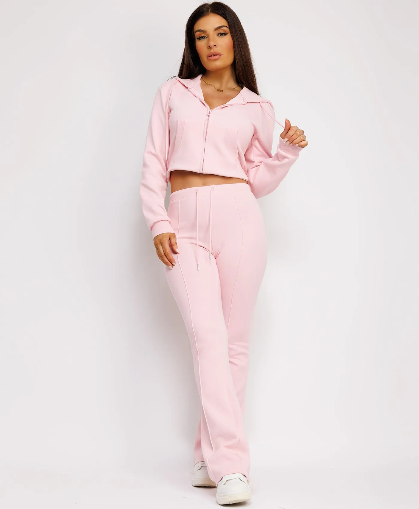 Baby Pink Cropped Bootcut Sweatshirt And Joggers Tracksuit