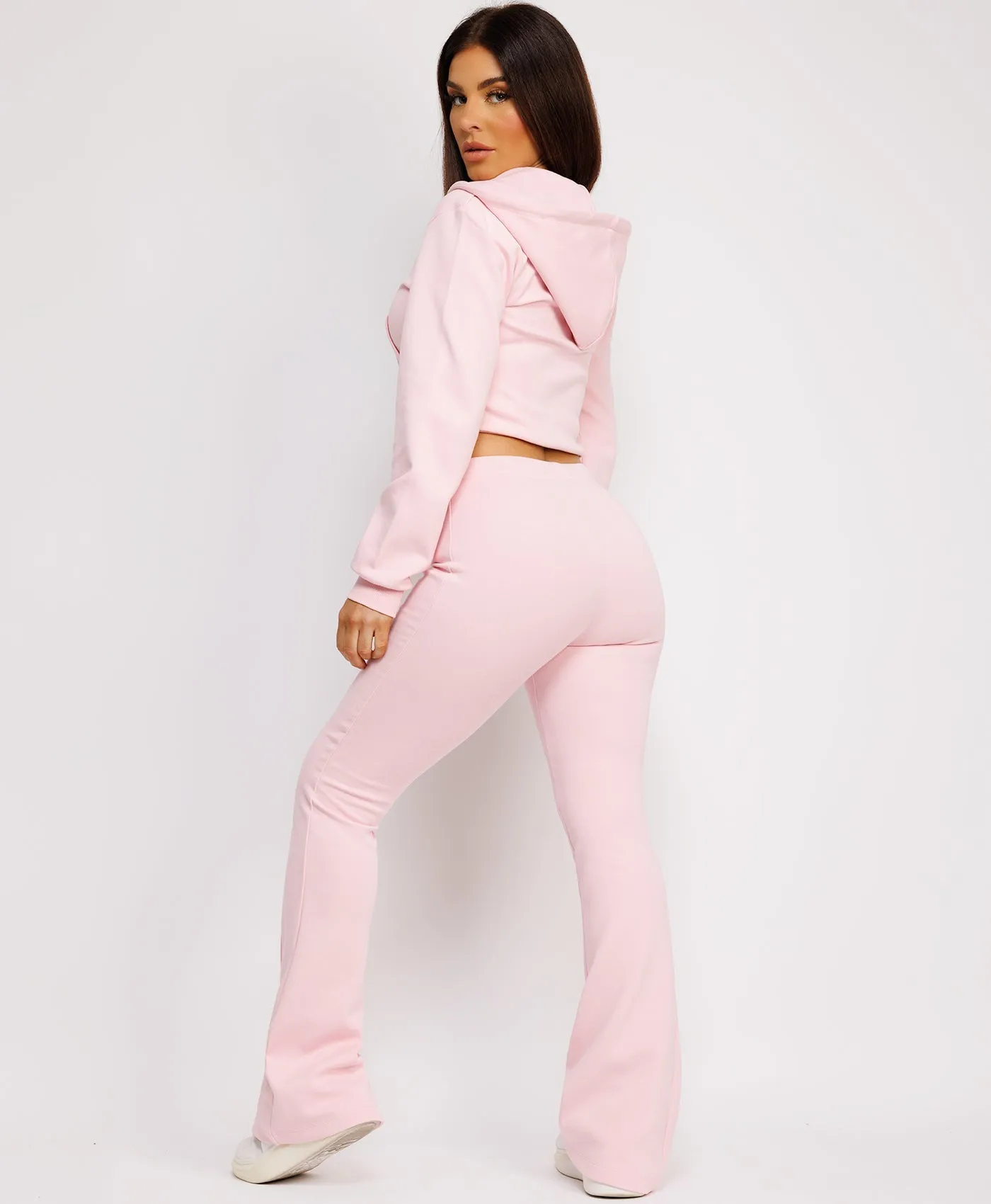 Baby Pink Cropped Bootcut Sweatshirt And Joggers Tracksuit