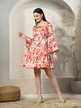 Beige Floral Printed Bell Sleeve Fit & Flare Dress