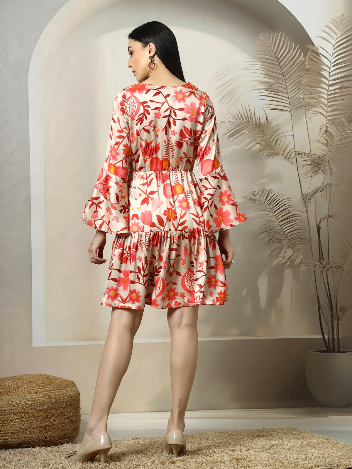 Beige Floral Printed Bell Sleeve Fit & Flare Dress