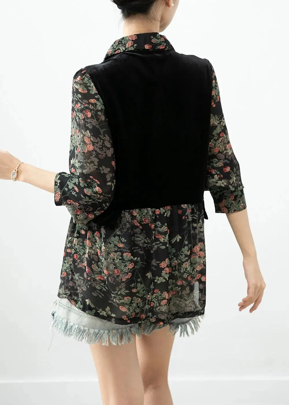 Black Print Patchwork Silk Velour Blouses