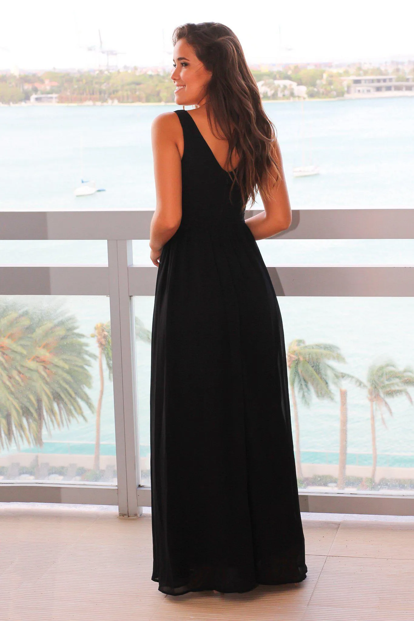 Black V-Neck Maxi Dress with Pleated Top