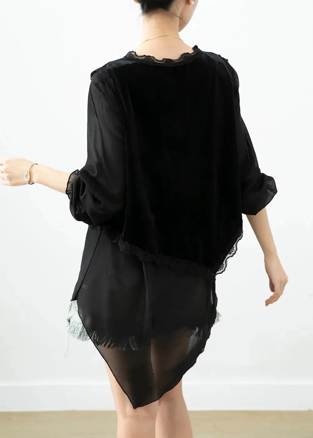 Boho Black Patchwork Silk Velour Blouse Tops