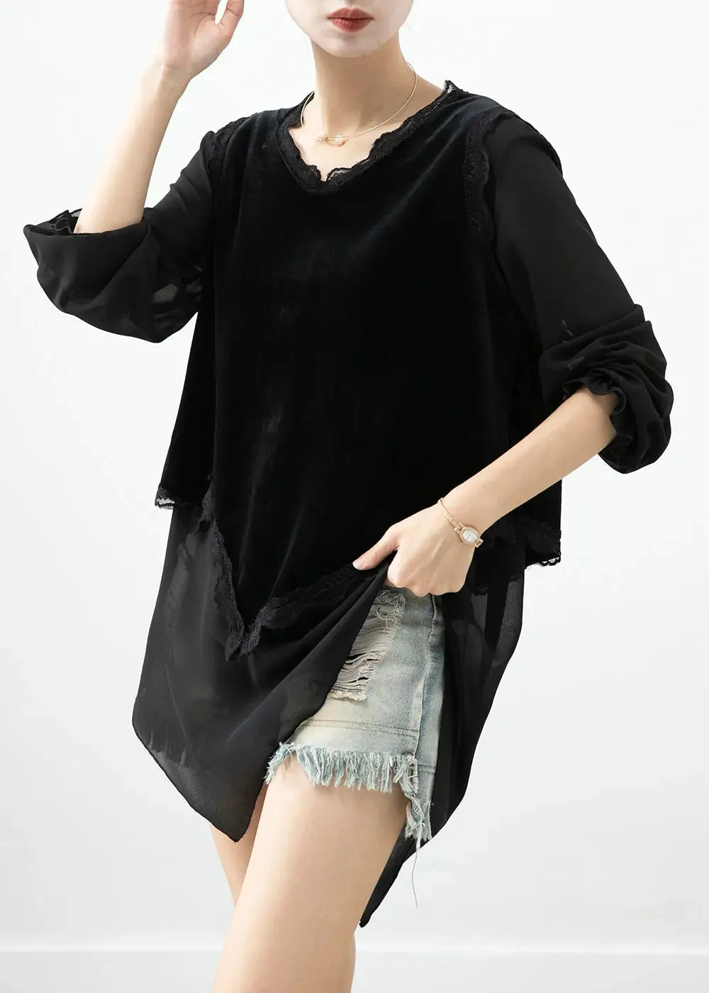 Boho Black Patchwork Silk Velour Blouse Tops