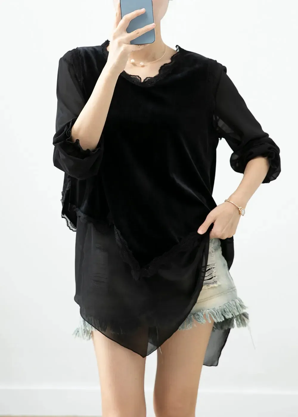 Boho Black Patchwork Silk Velour Blouse Tops
