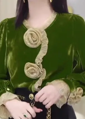 Boutique Green Ruffled Floral Velour Blouse Tops Fall WP024