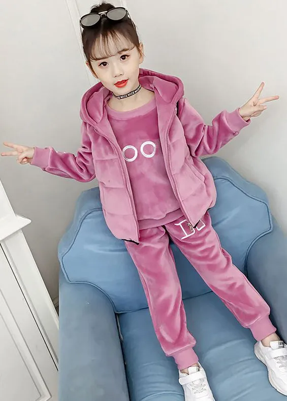 Boutique Pink Embroideried Tops And Pants Velour Girls Two Pieces Set Winter LY9986