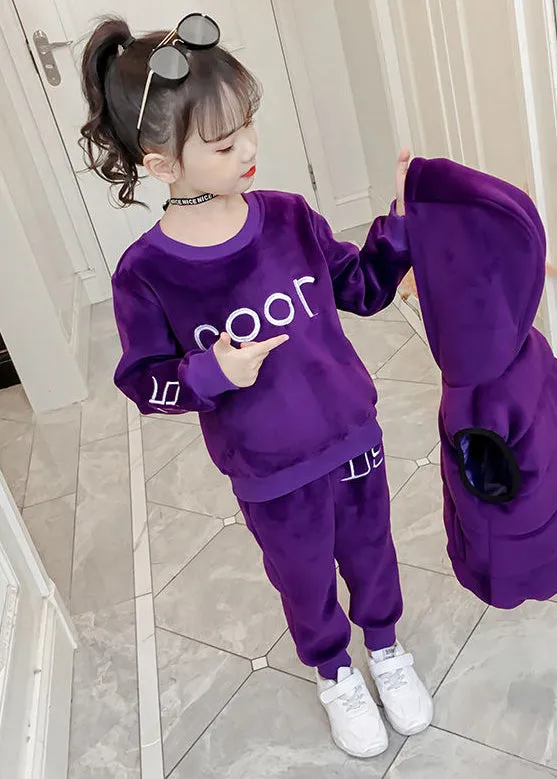 Boutique Pink Embroideried Tops And Pants Velour Girls Two Pieces Set Winter LY9986