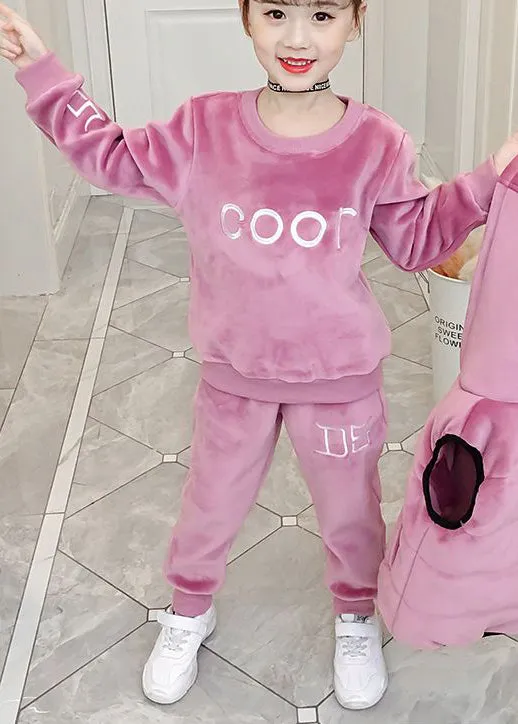 Boutique Pink Embroideried Tops And Pants Velour Girls Two Pieces Set Winter LY9986