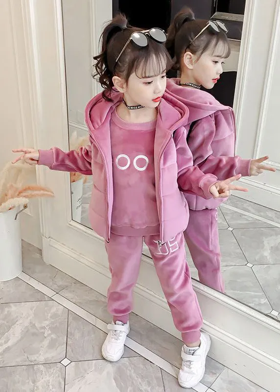 Boutique Pink Embroideried Tops And Pants Velour Girls Two Pieces Set Winter LY9986