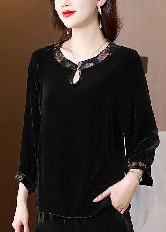 Chic Black O Neck Patchwork Silk Velour Shirts Top Spring LY4446