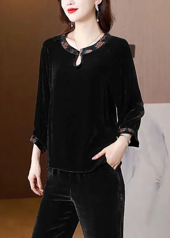 Chic Black O Neck Patchwork Silk Velour Shirts Top Spring LY4446
