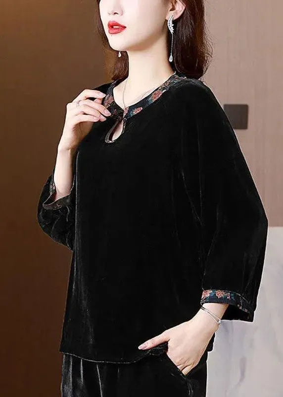 Chic Black O Neck Patchwork Silk Velour Shirts Top Spring LY4446