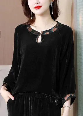 Chic Black O Neck Patchwork Silk Velour Shirts Top Spring LY4446