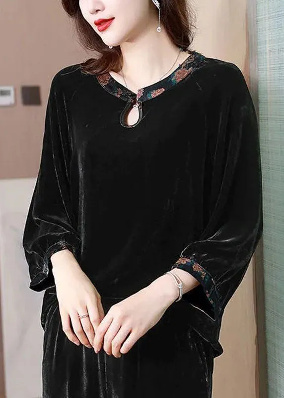 Chic Black O Neck Patchwork Silk Velour Shirts Top Spring LY4446