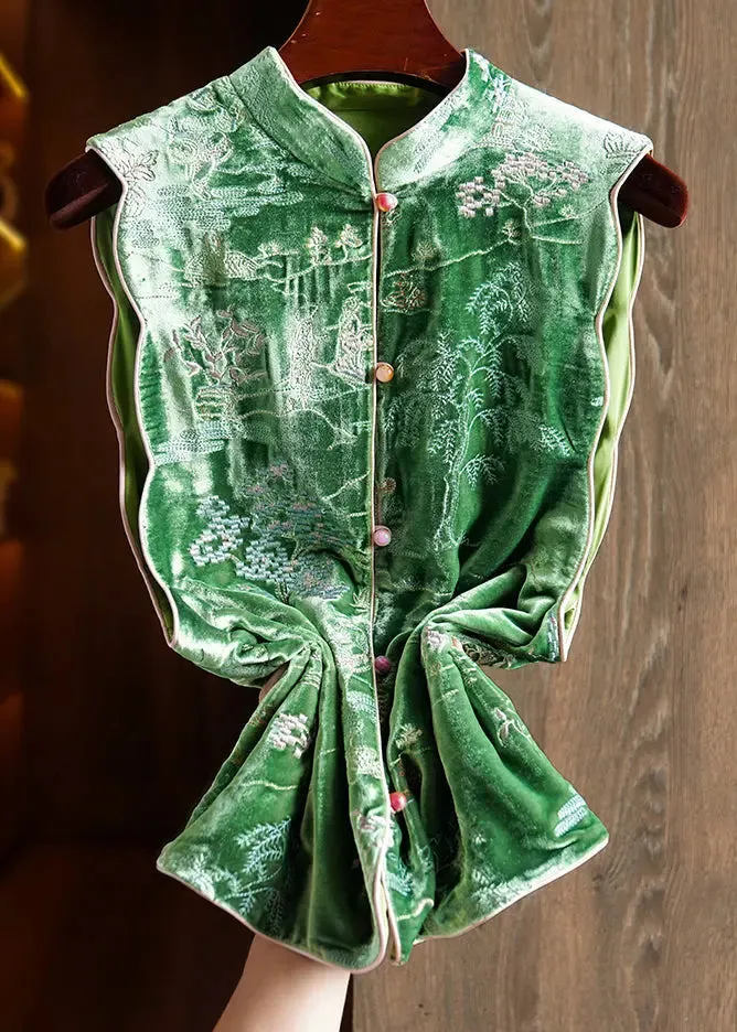 Chinese Style Green Stand Collar Embroideried Silk Velour Vest Tops Sleeveless ML1344