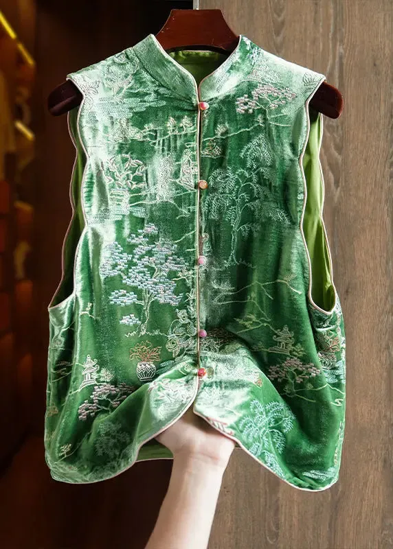 Chinese Style Green Stand Collar Embroideried Silk Velour Vest Tops Sleeveless ML1344