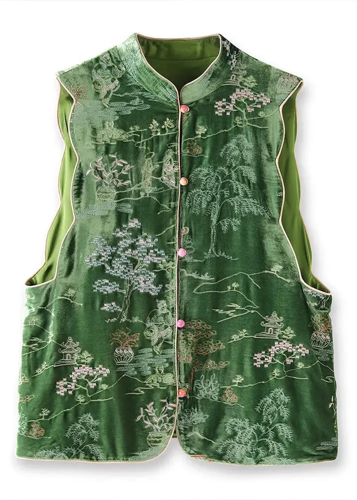 Chinese Style Green Stand Collar Embroideried Silk Velour Vest Tops Sleeveless ML1344