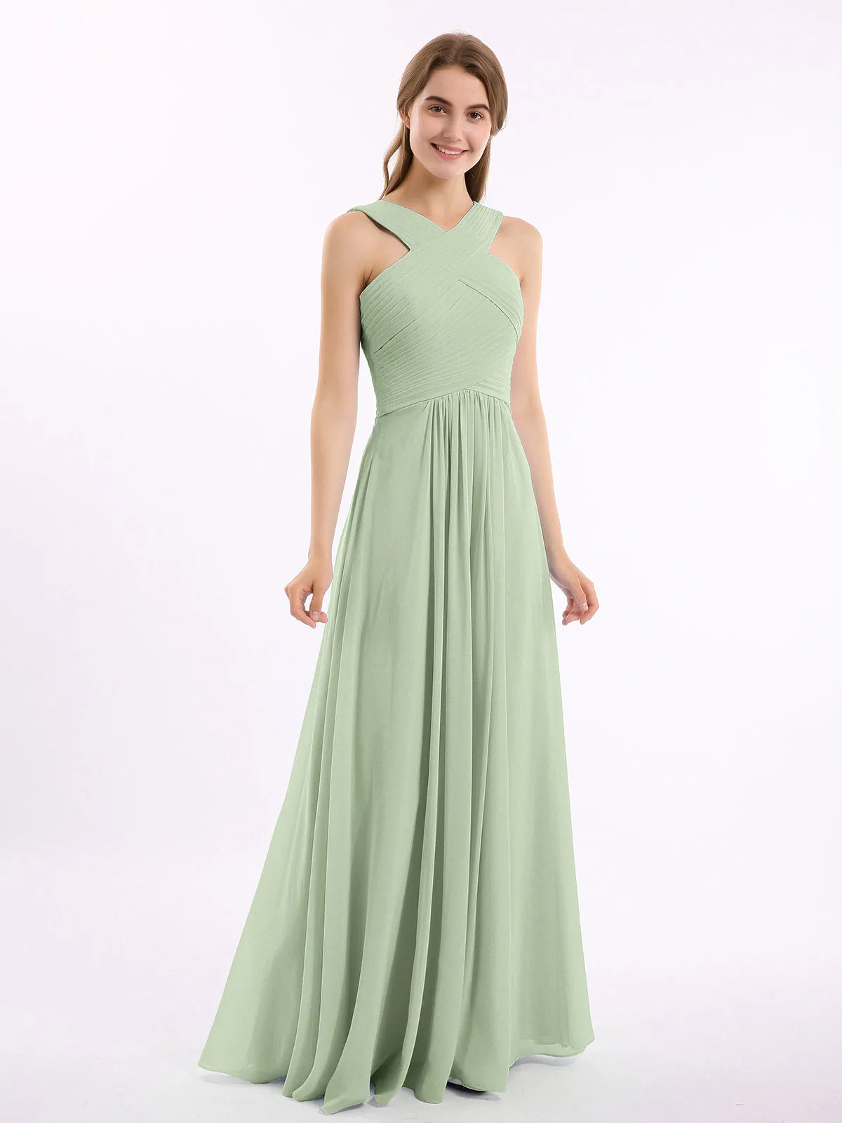 Cross Shoulder Strap Chiffon Dress with Empire Waist Dusty Sage