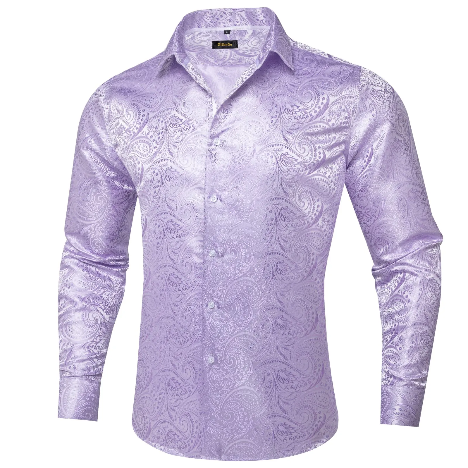 DiBanGu Collared Shirt Thistle Purple Paisley Silk Button Down Long Sleeve Mens Shirt Dress