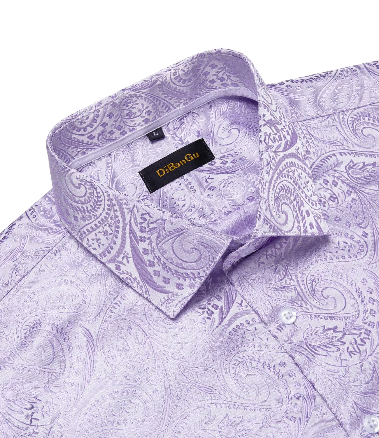 DiBanGu Collared Shirt Thistle Purple Paisley Silk Button Down Long Sleeve Mens Shirt Dress