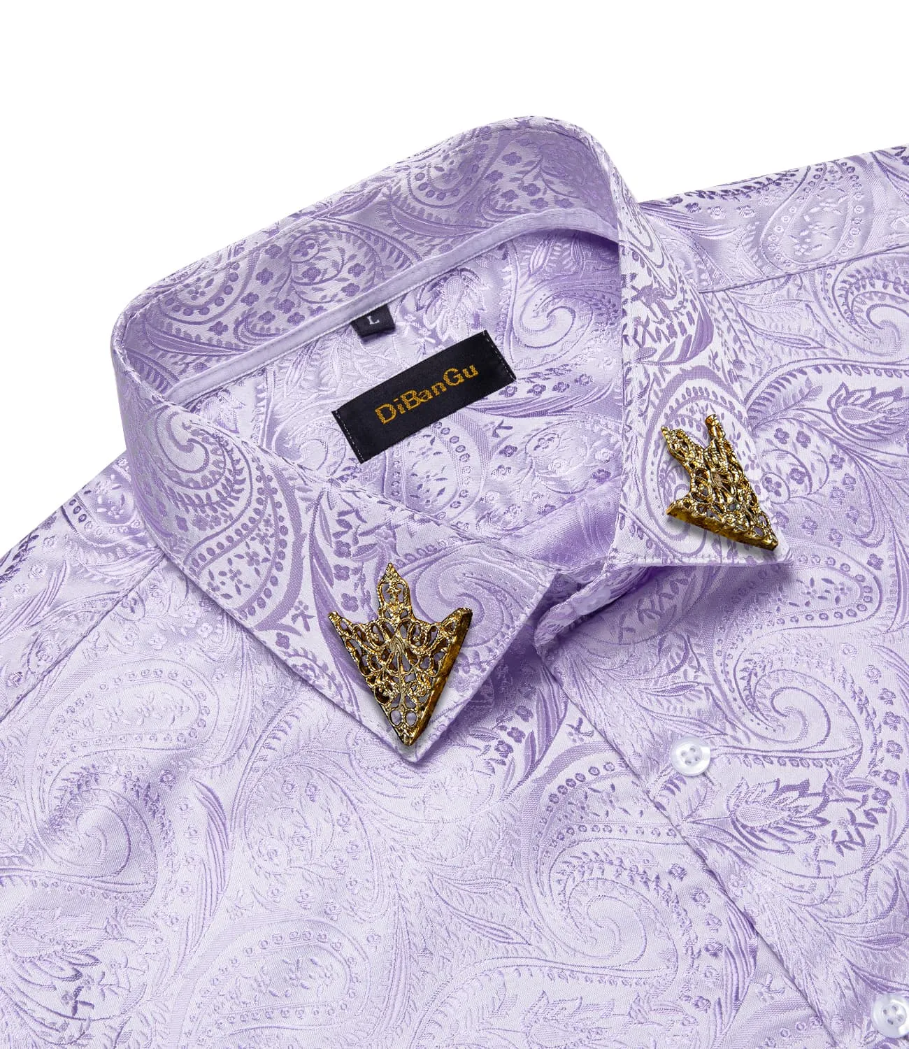 DiBanGu Collared Shirt Thistle Purple Paisley Silk Button Down Long Sleeve Mens Shirt Dress