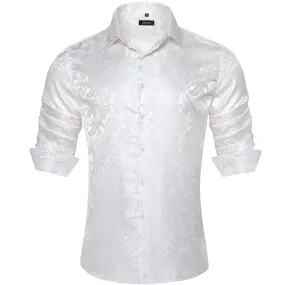 DiBanGu Tuxedo Shirt Ghost White Paisley Silk Button Up Men's Long Sleeve Dress Shirt