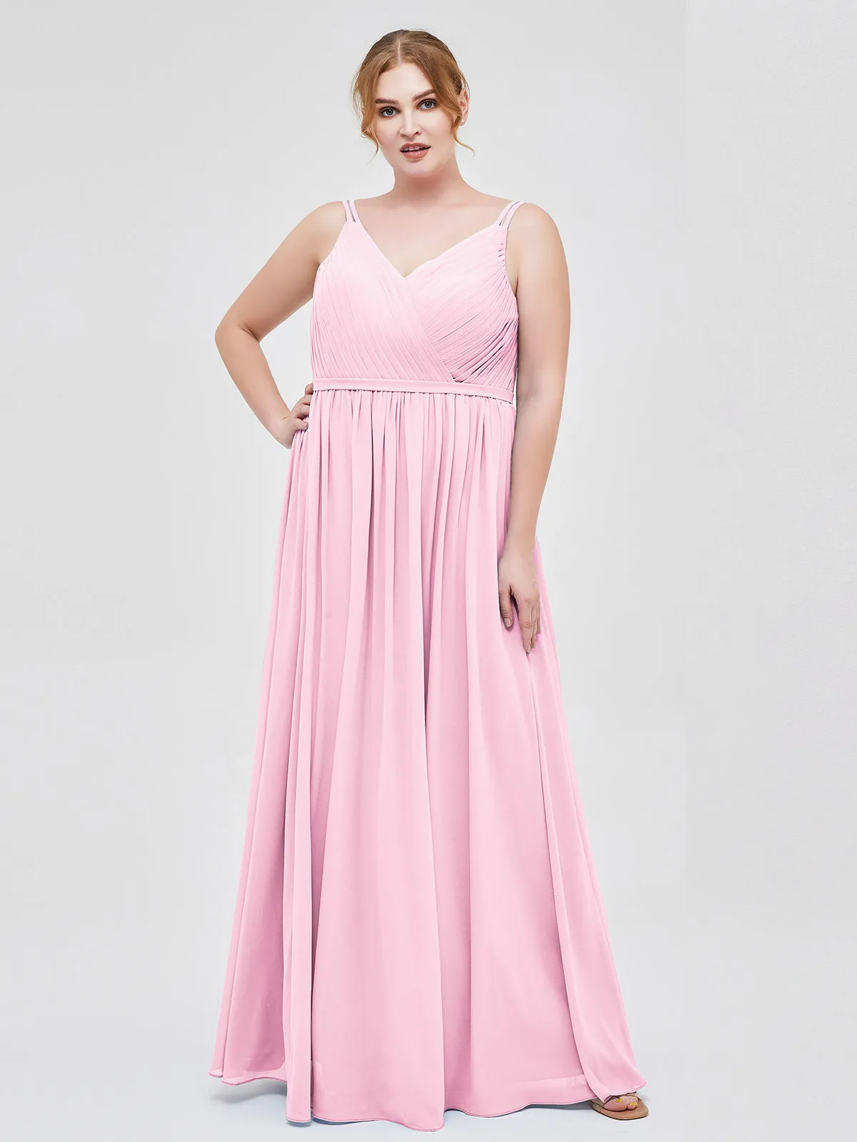 Double Strap Chiffon Bridesmaid Dresses Candy Pink Plus Size