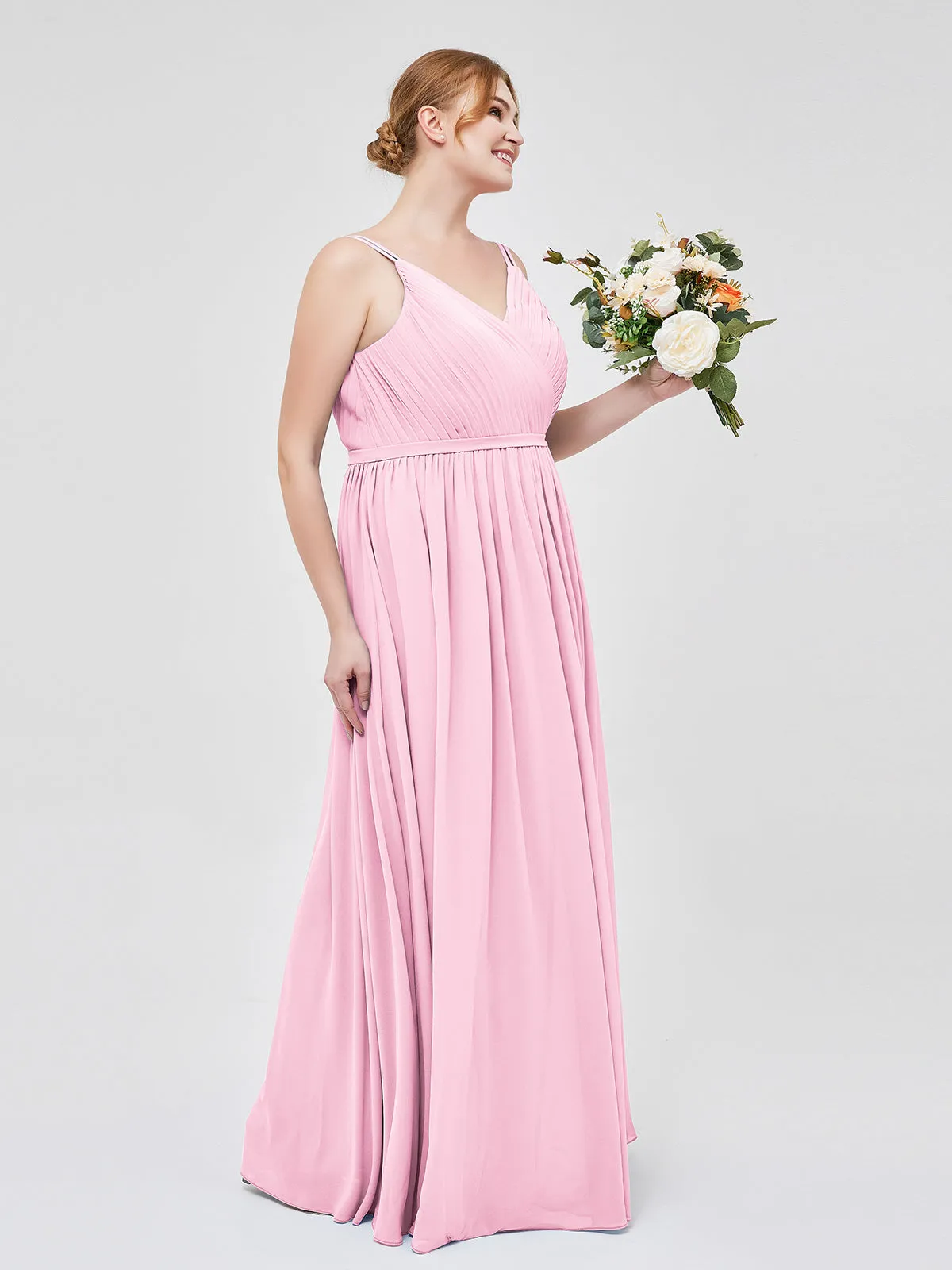 Double Strap Chiffon Bridesmaid Dresses Candy Pink Plus Size
