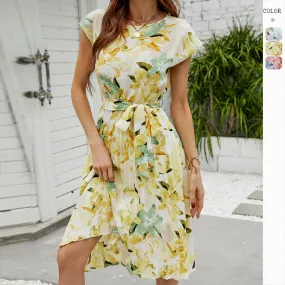 Floral Pleated Short Sleeve Round Neck Dress