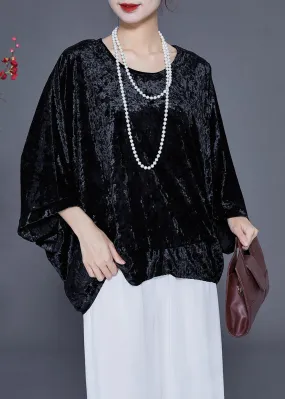 French Black O-Neck Oversized Silk Velour Shirt Tops Batwing Sleeve LY2358
