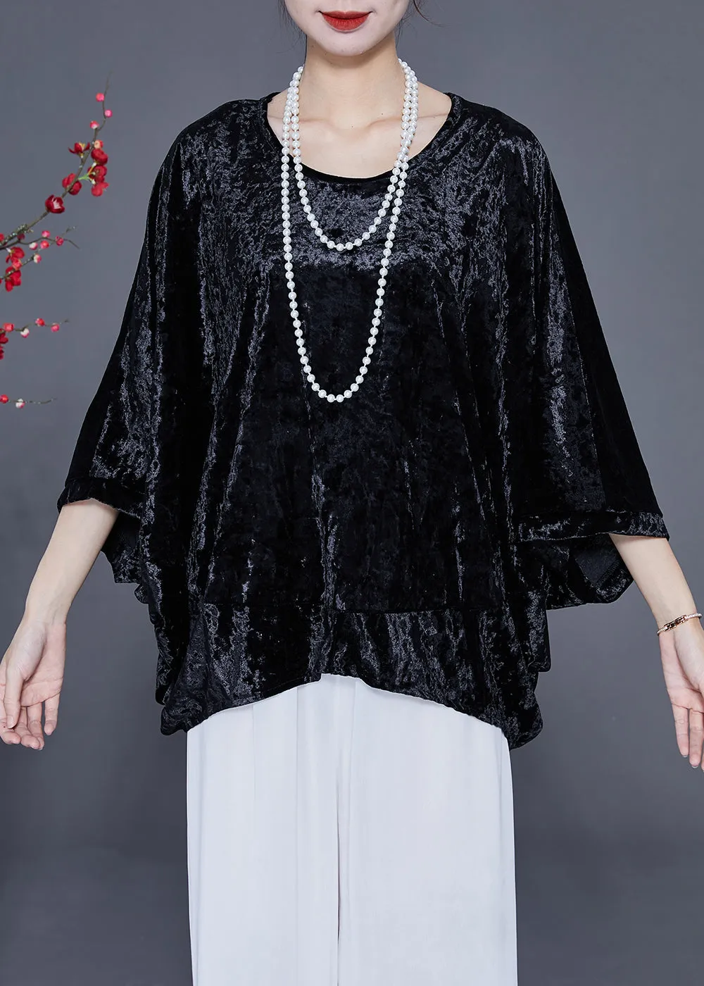 French Black O-Neck Oversized Silk Velour Shirt Tops Batwing Sleeve LY2358