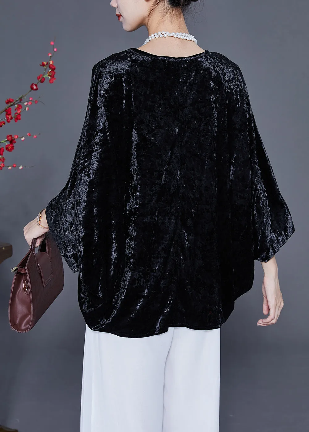 French Black O-Neck Oversized Silk Velour Shirt Tops Batwing Sleeve LY2358